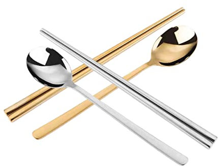 Cabilock Palillos y Cucharas Coreanos De Acero Inoxidable 304 Huecos Mango Largo, Aislamiento Térmico, Set 4 Piezas Para Hogar, Sushi y Ramen