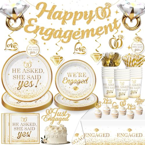 Engagement Party Decorations, Happy Engagement Banner Ring Foil Balloons He Asked She Said Yes Disposable Dinnerware with 2 Pcs Waterproof Engaged Tablecloth Wedding Engagement Party Decor