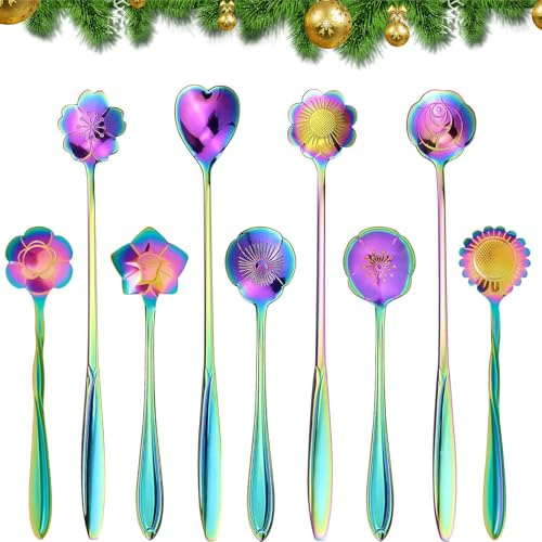 FUAAOLIY Flower Spoon Set, 9PCS Coffee Teaspoon Stainless Steel Tea Spoon Reusable Coffee Sugar Stirring Ice Cream Dessert Spoons for Tea Party Decorations Cake Tea Scoops (Rainbow)