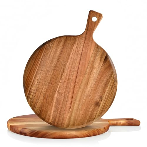 GALOZZOIT Lot de 2 planches à pizza en bois - Diamètre : 30 cm - Avec poignée - En bois d'acacia de qualité supérieure - Assiettes rondes de service et à découper pour pizza, tartes flambées, plateau