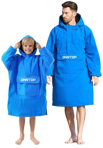 Owntop Surf Change Poncho, vattentät badparkas kvinnor, framficka, sherpa fleecefoder, snabbtorkande, våtdräkt, ombytesrock med huva för strand pool (blå, S)