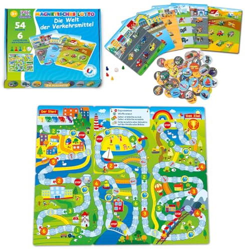 MAGNIKON Magnetisches Lotto Verkehrsmittel, Bingo Spiel für Kinder ab 3 | Memory Kinderspiel, 54 Magnete, 6 Doppelseitige Spielfelder, Bilderlotto Autos, Kinderbingo, Lernspiel ab 3 Jahre