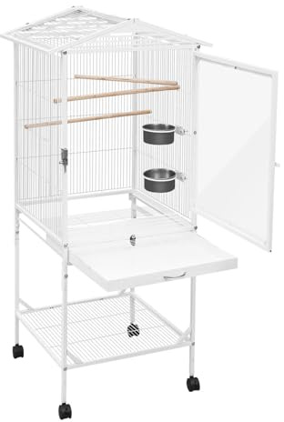 Papegojbur, fågelbur stor med 4 rullar markfack, foderklaff, fågelbur med stativ för lägenhet och balkong, 46 x 46 x 136 cm, vit
