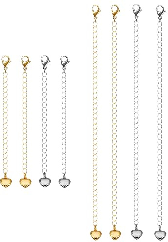 Jyeennar 8Pcs Heart-Shaped Golden & Silvery Necklace Extender & Bracelet Extender for Women, 4 Long (15cm) & 4 Short (7.5cm) Chain Extenders for Necklaces/Bracelets/Anklets, Jewelry Extensions