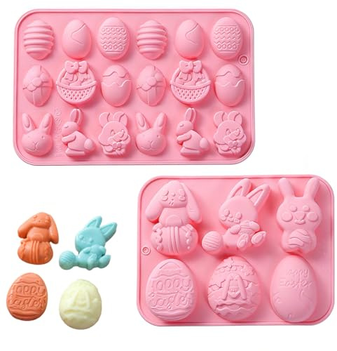 VEOIRXU 2 Piezas Molde de Silicona Para Dulces de Pascua Moldes de Silicona Para Huevos de Pascua y Conejo Reutilizables Huevos de Pascua Conejo Moldes Antiadherentes Para Hornear Chocolate Galletas