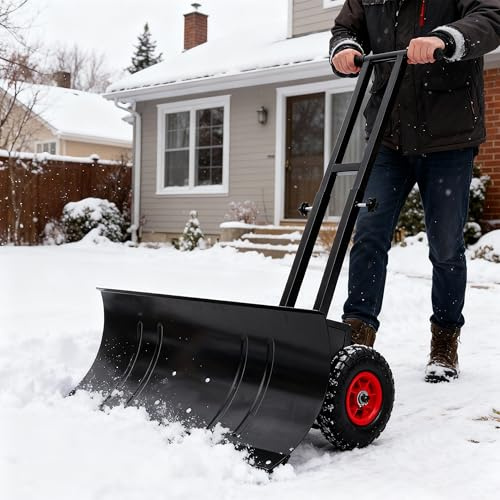 【Local delivery 】 29in Galvanized Blade Heavy-Duty 2-Wheel Snow Pusher Hand Plow for Snow Removal w/Wheels, Adjustable Handle, Blade Angle (Black)