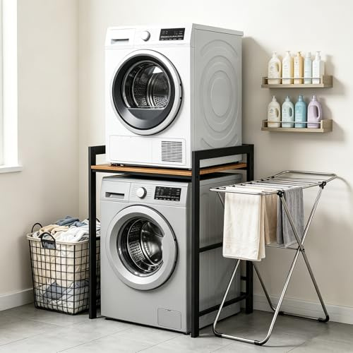 Estantería para lavadora, lavadora y secadora apiladas, capacidad de carga de 300 kg, armario superior para lavadora para baño, cocina, balcón, lavandería (negro-A)