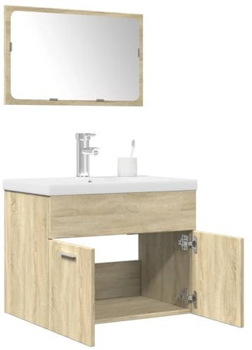 Kaloriko Juego de muebles de baño de roble Sonoma, mueble de baño con espejo y lavabo, 60 x 38,5 x 46 cm, montaje en pared, ahorro de espacio