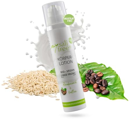mysalifree BIO KÖRPERLOTION, beruhigende, straffende Body Lotion für sensible Haut mit Reiskeimöl + Kaffeeextrakt, 100ml, weltweit einzigartig, BIO + VEGAN + FREE FROM