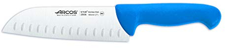 Arcos Serie 2900 - Caja 6 uds Cuchillo Santoku con Alveolos - Hoja de Acero Inoxidable NITRUM de 180 mm - Mango inyectado en Polipropileno Color azul (6 UDS)