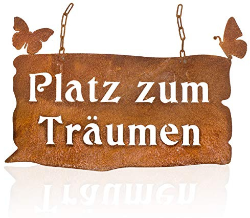 Metall-Tafel Platz zum Träumen mit Rost-Finish und Kette zum aufhängen, Metall-Schild, Schild für den Garten Dekoration Gartendekoration Edelrostdeko antik, Nostalgie braun 45 cm lang back2season