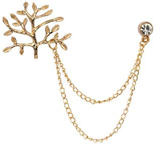 Knighthood Broche pour homme en forme d'arbre doré avec chaîne de suspension et épinglette en métal cristal pour manteau, costume, cadeau de mariage, fête, col de chemise, accessoires, Métal