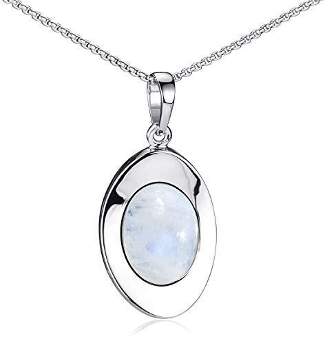 Materia Mondstein Anhänger Silber 925 oval - Damen Kettenanhänger Edelstein Schmuck mit Kette weiß rhodiniert in Etui