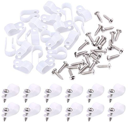 Swpeet 120 Pack White 1/2 Inch Nylon Plastic R-Type Cable Clips Clamp Kit, Nylon Screw Mounting Cord Fastener Clips with 120 Pack Screws for Wire Management (1/2 Inch, White)