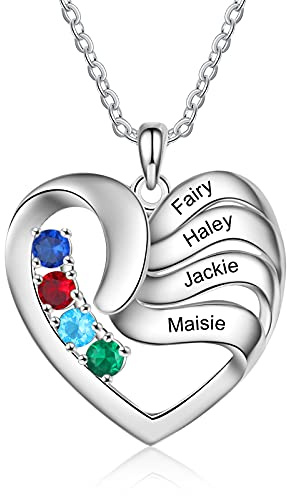 ALBERTBAND Personalisierte Damen Halskette für Mama Herz-Anhänger mit 2/3/4/5 Namen Geburtsstein 925 Sterling Silber Mutter Kind Kette Geschenk für Damen Mutter Ehefrau Freundin