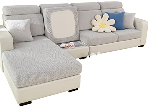 Ajustable Funda Sofa 3 2 1 Plazas Chaise Long, Funda para Sofa Cubre Elástica Resistente al Desgaste, Universal Protector de Asiento Fundas de Cojín (Tejido Gris Claro, Cojín Respaldo)
