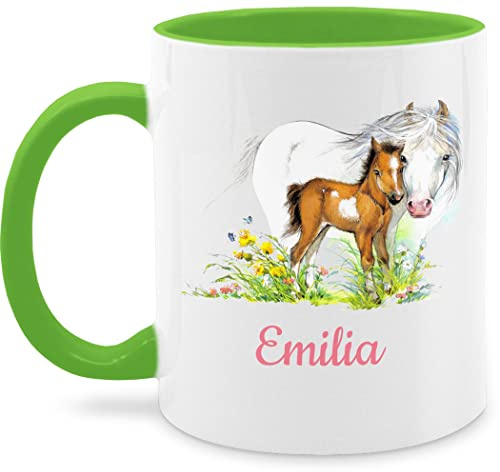 Tasse Tassen 325ml - Pferd und Fohlen mit Name personalisiert I Geschenk Pferde Mädchen I Pferdeliebhaber - 325 ml - Hellgrün - pferdetassen reitersachen pferden pferdemotiv glühweintassen