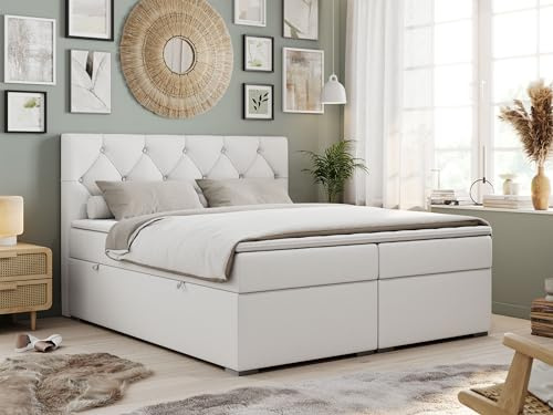 MKS MEBLE Boxspringbett 180x200 cm mit Matratze und Topper T25, Boxspringbett mit Bettkasten und Kopfteil - Alda - H3 Weiß Kunstleder