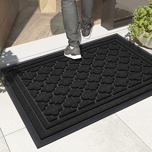 Color G Dirt Trapper Door Mat 43.5 x 75 cm, Heavy Duty Outdoor Door Mats, Non Slip Rubber Backing Entrance Rug, Washable Doormat for Indoor and Outside - Black