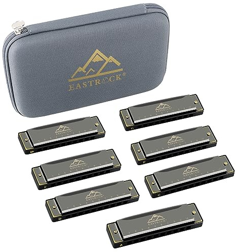 EASTROCK Diatonic Harmonica Set of 7, 10 Holes black Harmonica Mouth Organ set, A, Bb, C, D, E, F and G key harmonicas for Adults, Beginner, Professionals and Students as Gift