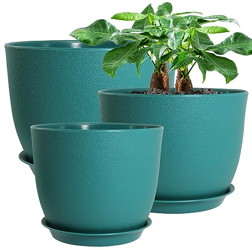 UOUZ, Grandi vasi moderni in plastica con fori di drenaggio e sottovaso, per piante da interno ed esterno, 30,5 cm, 25,4 cm e 22,9 cm, verde malachite