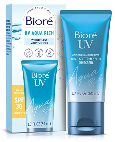 Biore UV Aqua Rich SPF 30 PA+++ Daily Moisturizer Sunscreen for Face, For Sensitive Skin, Oil Free, Hyaluronic Acid, Vegan, Oxybenzone & Octinoxate Free, Dermatologist Tested, 1.7 Oz