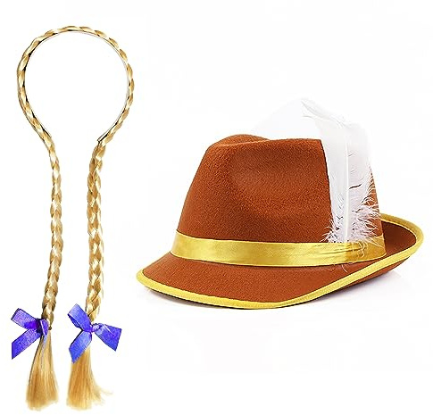 Ladies Bavarian Accessory Set - Brown Bavarian Hat and Blonde Plait Wig with Blue Ribbons - Adults Bavarian Oktoberfest Fancy Dress Costume Accessory Set