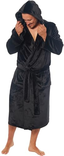 MICHAEL PAUL Dressing Gowns for Men | Super Soft Luxury Hooded Dressing Gown | Men's Warm and Cozy Fleece Nightwear Robe | Gifts for Men L BLACK