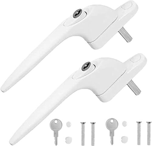 UPVC-Fenstergriffe, WODSTA 2 Stück, abschließbarer Fenstergriff, Aluminium, Weiß, Universal-Espag-Griffe mit Schlüssel mit 30 mm Spindellänge für Innen- und Außenbereich, UPVC-Fenster