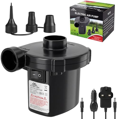AC Electric Air Pump with 3 Nozzles for Inflatables | Air Bed Air Matress | Paddling Swimming Pool | Toys | 3 Pin UK Adaptor Plug | 12V Car Cigarette Lighter Cord | 50W | Portable