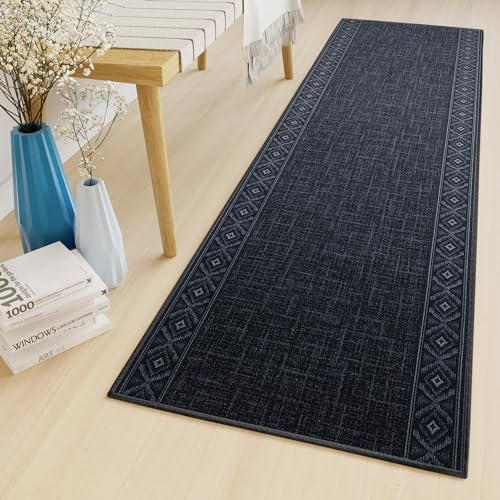 TAPISO Teppichläufer Antirutsch Kurzflor Schwarz Marineblau Modern Design Gummiert rutschfest Läufer Flur Wohnzimmer Schlafzimmer ÖKO-TEX 80 x 350 cm