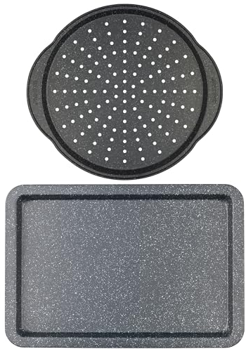 Salter COMBO-9142 Megastone Baking Tray & Pizza Pan Set – Non-Stick Oven Pans, Flat Cookie Sheet, Perforated Crisper Chip Tray with Handles, Carbon Steel, Easy Clean, PFOA-Free, Oven Safe Up to 220°C