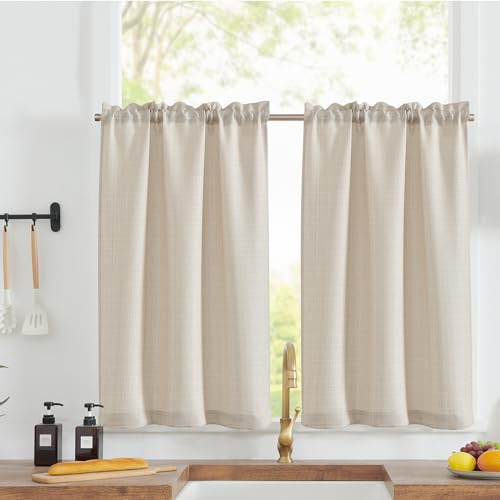 TOPICK Tende Passante tenda da bistrot porta finestra balcone stile country roulotte 2 pezzi corte Filtro della luce rustiche soggiorno doccia tenda per interni 70L x 90A cm, Beige