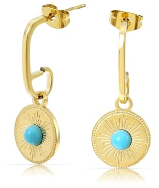 Made by Nami Edelstahl Ohrringe Gold hängend mit Sonnen Anhänger und türkisem Stein Boho Schmuck Damen Wasserfest