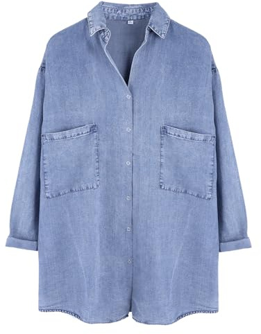 Yimoon Camisa de mezclilla para mujer, color azul cambray, con botones, suave, tencel, casual, manga 3/4, Azul, M