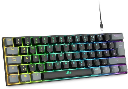 Rii Gaming Tastatur Mechanisch, 60% Tastatur Kabellos RGB Beleuchtet mit Rote Schalter und N-Key Rollover für PC/Laptop/PS4/PS5, QWERTZ, Schwarz Grau (Bluetooth/2.4G/Kabel)