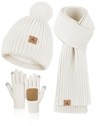 LOROME Damen Winter Beanie Mütze Schal Handschuhe Set Fleece Strick Pompon Mütze Warm Halstuch Touchscreen Handschuhe Winter Geschenk