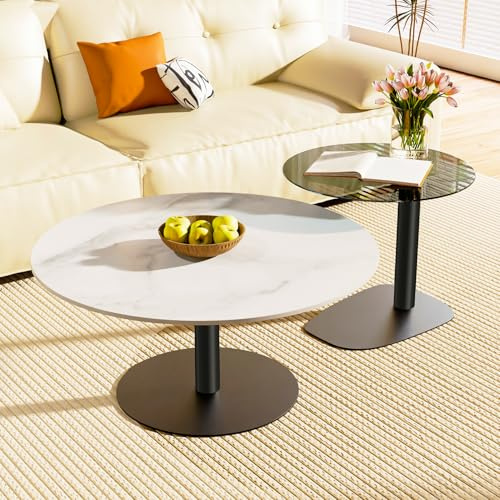 FATIVO Couchtisch 2er Set Mamror Glas Runder Wohnzimmertisch, Satztisch Rund Sofatisch Weiß Schwarz Klein Beistelltisch für Wohnzimmer - Groß: 80×80×38.5 cm Klein: 50×50×45 cm