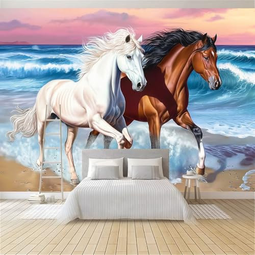 Fototapete Schlafzimmer Pferd Galoppiert Am Strand 350x256 cm 3D Druck Vliestapete, Wandtapete Wandbilder, für Wohnzimmer, Kinderzimmer, TV Hintergrund Vlies Tapete