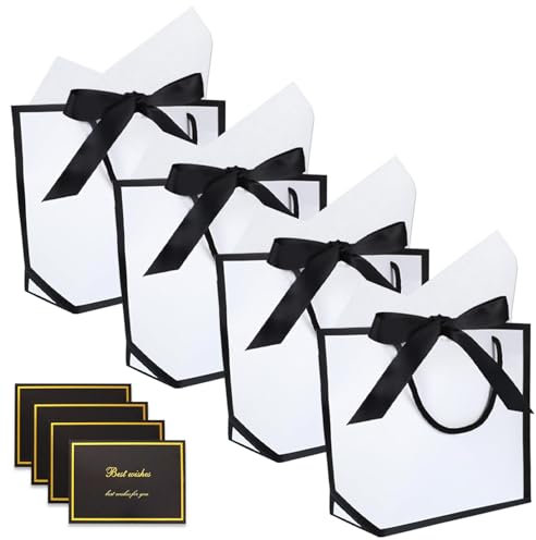 Geschenktüten, 4 Stück Geschenktasche, 19 x 9 x 20 cm Geschenktüten Mit Henkel für Frauen, Mädchen, Geburtstag und Hochzeit Geburtstagstüten mit 4 Schleifenband 4 Seidenpapier 4 Karten und Handgriff