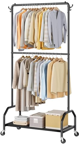 Wiracks Clothes Rack Double Hanging Clothes Rack Clothing Rack Garment Rack 130LBS Capacity 34.5 W X15.8 D X 79 H Rolling Clothes Racks for Hanging Cothes with Bottom Shelf