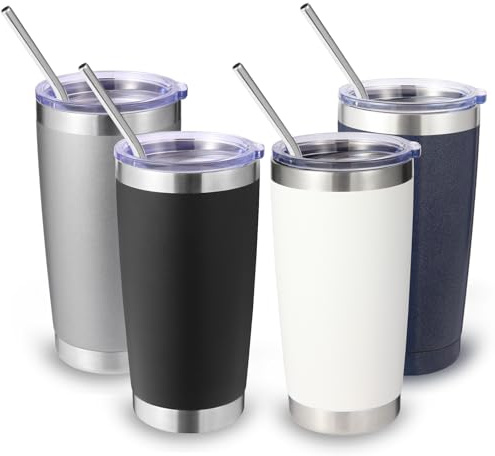 Volhoply 550 ml reseisolerat glas med lock och sugrör storpack 4-pack, dubbelvägg rostfritt stål kaffemugg passar kopphållare, pulverlackerade koppar för varma och kalla drycker, BPA-fri (mix, 4 set)