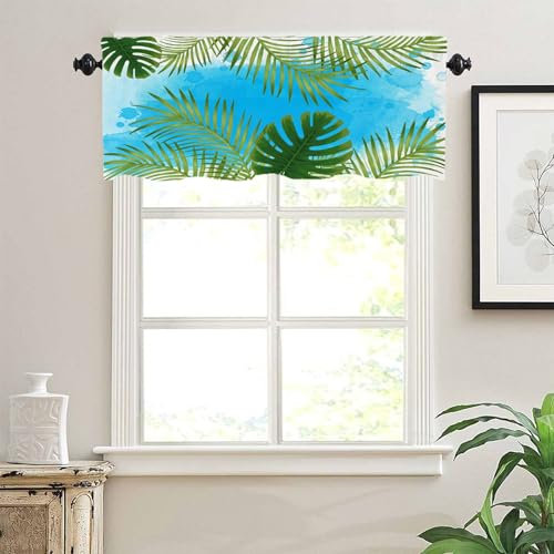 Lirzxin Bistrogardine, Scheibengardine Blickdicht Küchengardinen Tropische Blätter Muster Polyester Fensterschal für Küche Wohnzimmer Landhaus, 152x45CM, Blau Grün, 1 Stück