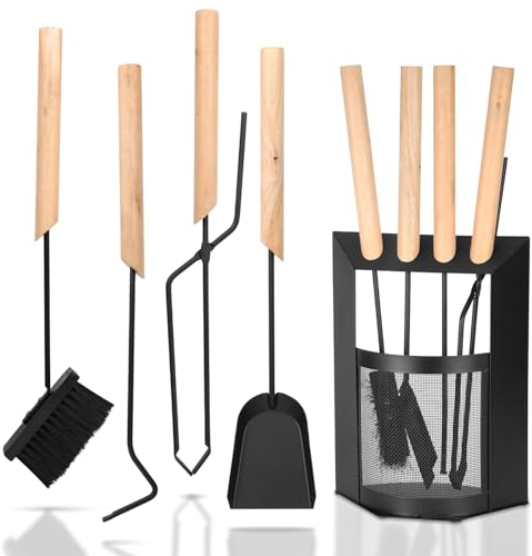 Ikodm Kaminbesteck Set 4-teiliges, Kaminzubehör mit Besen, Schaufel, Eisenhaken, Feuerzange, Ständer, Modern Design Kaminwerkzeug, Ofenbesteck Kamingarnitur mit Holzgriff, Leichentuch