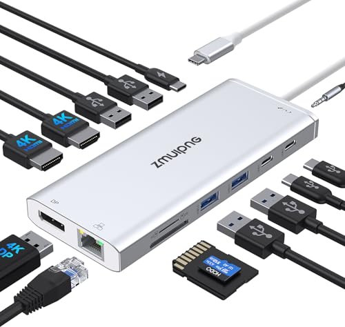 USB C Docking Station Dual Monitor,Triple Display USBC Dock, 14 in 1 Laptop Dockingstation mit 2 * 4K HDMI,DP/Displayport,Ethernet,4*USB,100W PD,USB-C Data,SD/TF,Audio/Mic für Dell HP etc