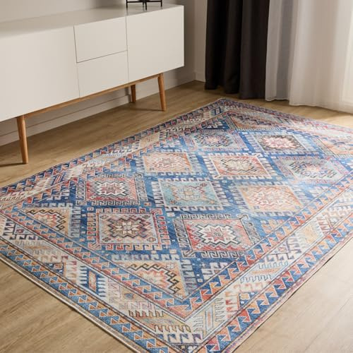 benuta Basic Waschbarer Teppich George - Blau 160x230 cm - Kunstfaser - Rechteckig & im Style: Vintage, Elegant, Retro - Pflegeleicht für Wohnzimmer Schlafzimmer