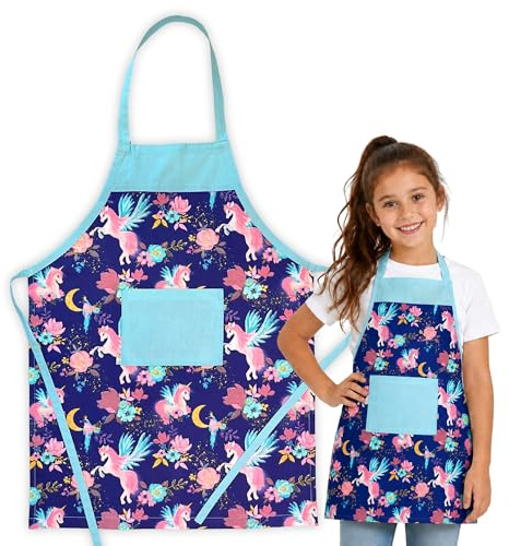 HOUSE ART LIFE Kinderschürze mit Tasche - Baumwoll Kochschürze für Jungen und Mädchen 7-10 Jahre, ideal zum Malen Kochen Backen Spielen, Geschenk für Kinder, Viele bunte Muster