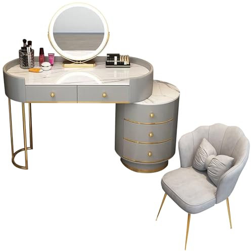 Weiß/grauer Schminktisch mit Spiegel und Lichtern, Make-up-Schminktisch-Set mit Aufbewahrungsschubladen, gepolstertem Hocker, beweglichen Aufbewahrungsschränken, Schminktisch für Frauen und Mädchen