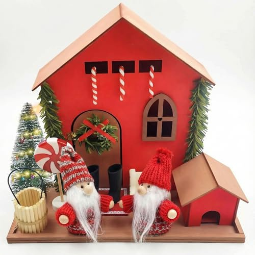 Johiux 16 Stück Miniatur Wichteltür Zubehör Puppenhaus Weihnachtswichtel Tür Set mit Mini Lichtkette, Weihnachten Haus Holz Bastelset Kinder Christmas Decorations Wichtel Zubehör Krippenzubehör.