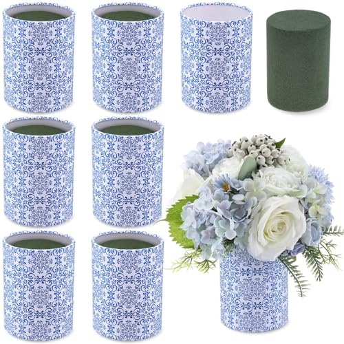 LemonRoad 6 Set Blue and White Planter Porcelain Pattern Chinoiserie Vases